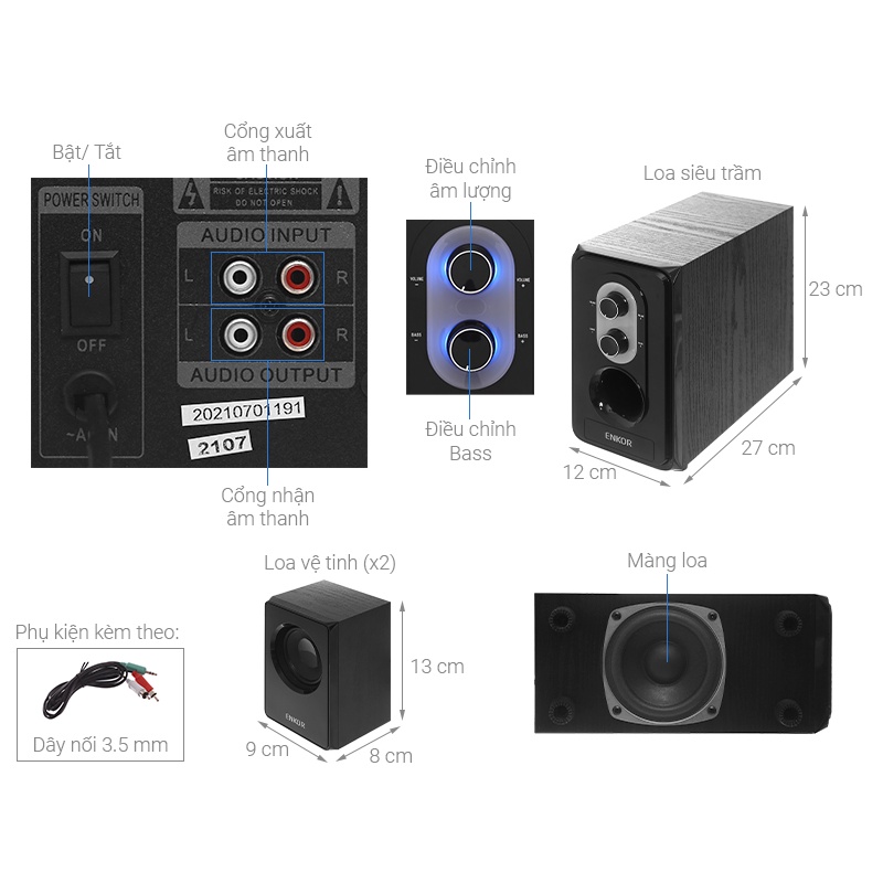Loa vi tính Enkor E50 Đen 2.1 kênh 20W Chính hãng,giá tốt