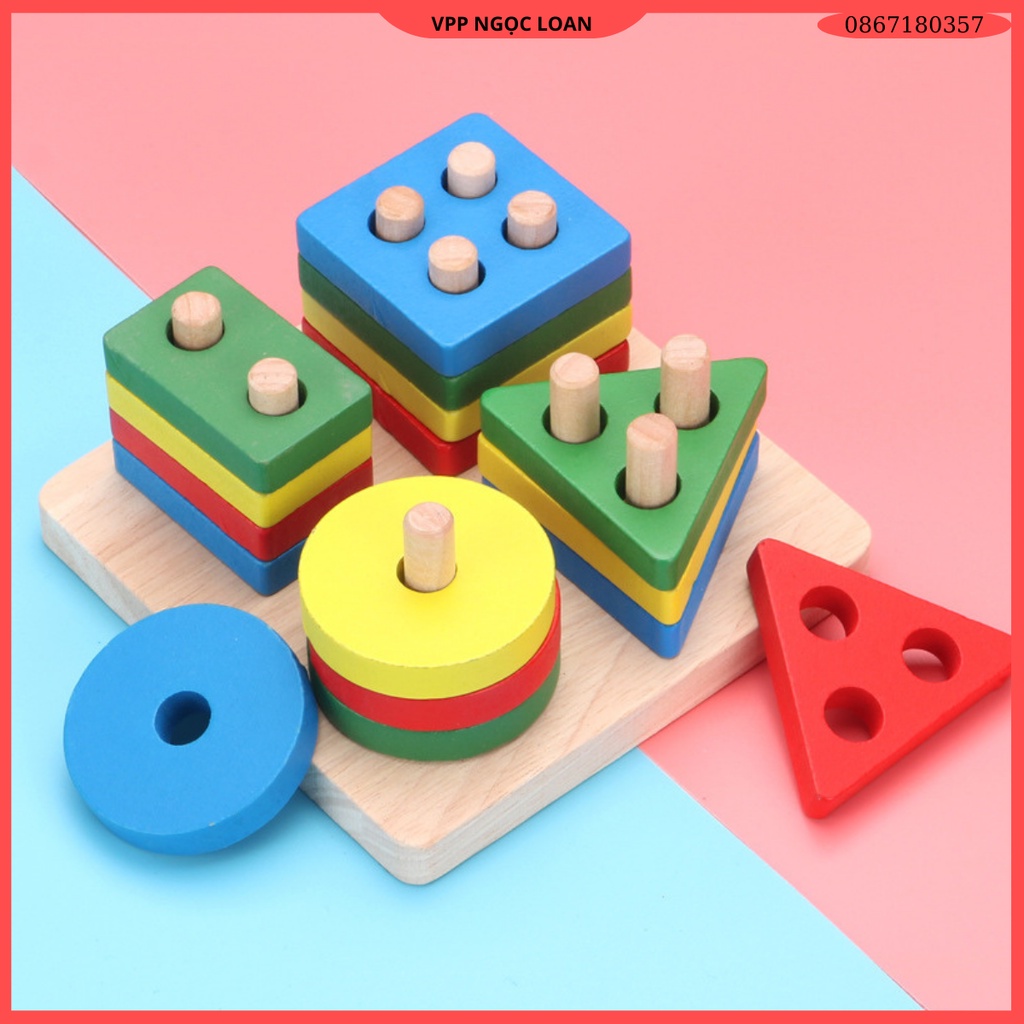 Đồ chơi thả hình 4 trụ vào thanh gỗ cho bé làm quen hình khối