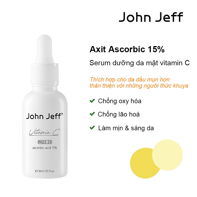 John Jeff Serum L-Ascorbic Acid 15% (Vitamin C) huyết thanh mặt, Làm mờ các vết mụn, Làm sáng tông màu da Chống lão hóa Chống oxy hóa