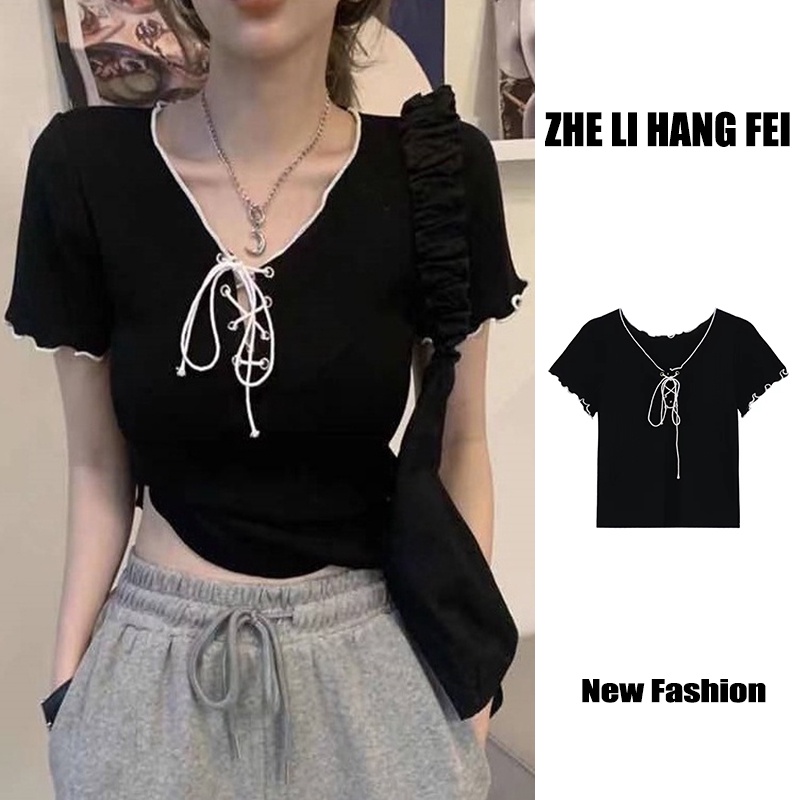 Áo croptop ZHELIHANGFEI dệt kim tay ngắn cổ V thắt dây nơ quyến rũ thời trang cho nữ