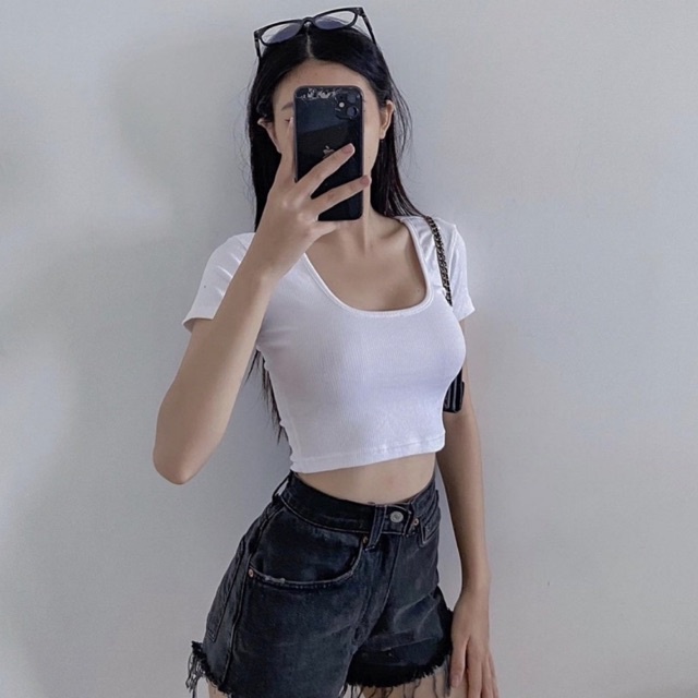 Áo croptop nữ tay ngắn HHVINTAGE kiểu cổ vuông basic thun co giãn Top A84