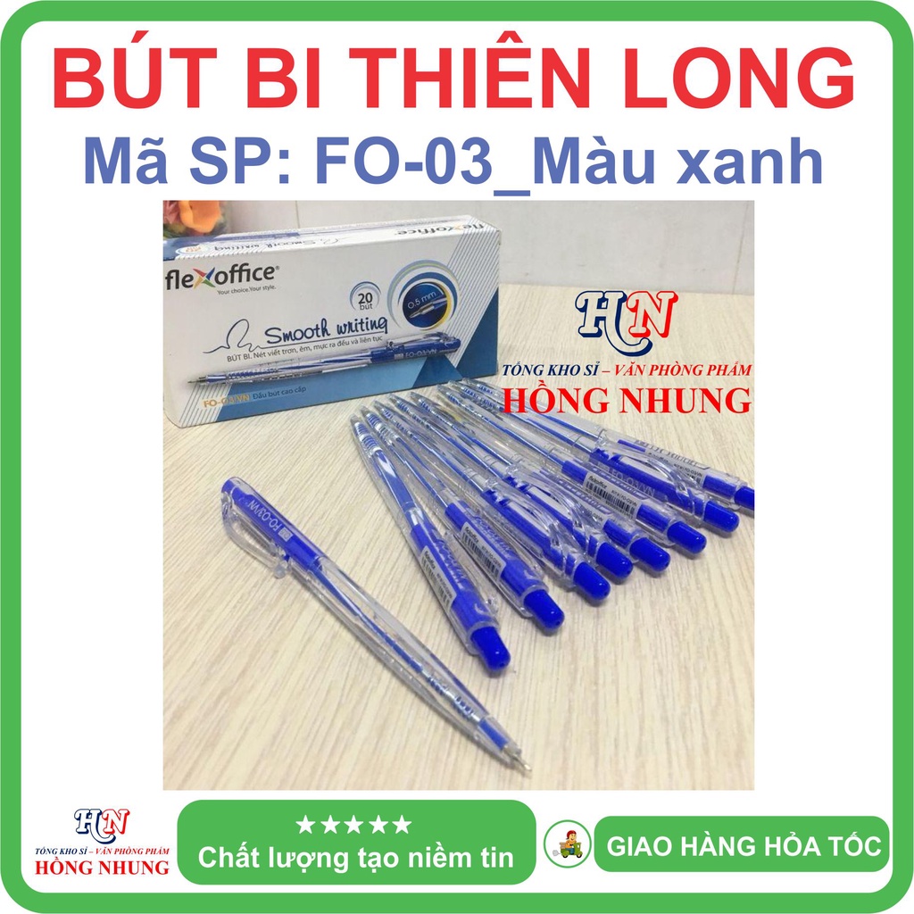 COMBO 5 Bút Bi Thiên Long Flexoffice FO-03, Màu Xanh, Đầu Bút Cao Cấp 0.5mm, Viết Trơn, Êm, Mực Ra Đều