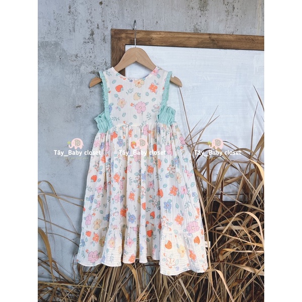 Đầm xô musllin phối hoa xanh cho bé gái