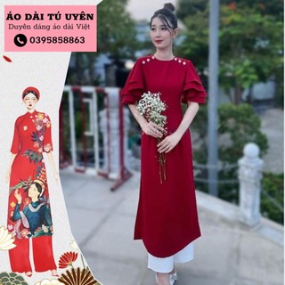 Sét áo dài nữ đỏ cổ tròn đính hạt, bộ áo dài cách tân nữ tay xòe tầng chất text nhung