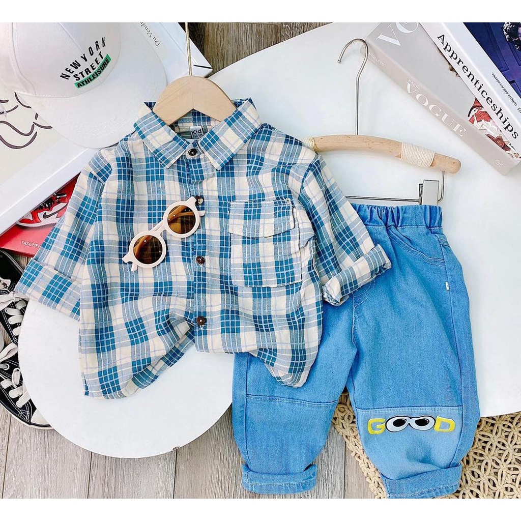 HÀNG QUẢNG CHÂU CAO CẤP Bộ sơ mi cho bé trai cực sành điệu, áo cotton thấm mồ hôi, quần jean mềm Hongvybaby