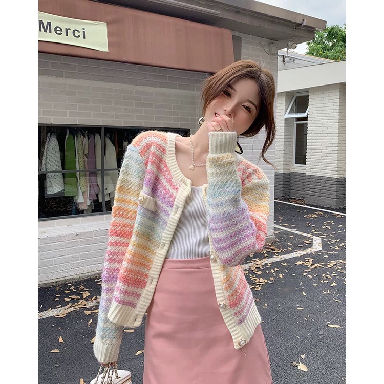 Áo Khoác Len Cầu Vồng Nút Ngọc LSEOUL K0339 Chất Dày Dặn Ngọt Ngào Nữ Tính