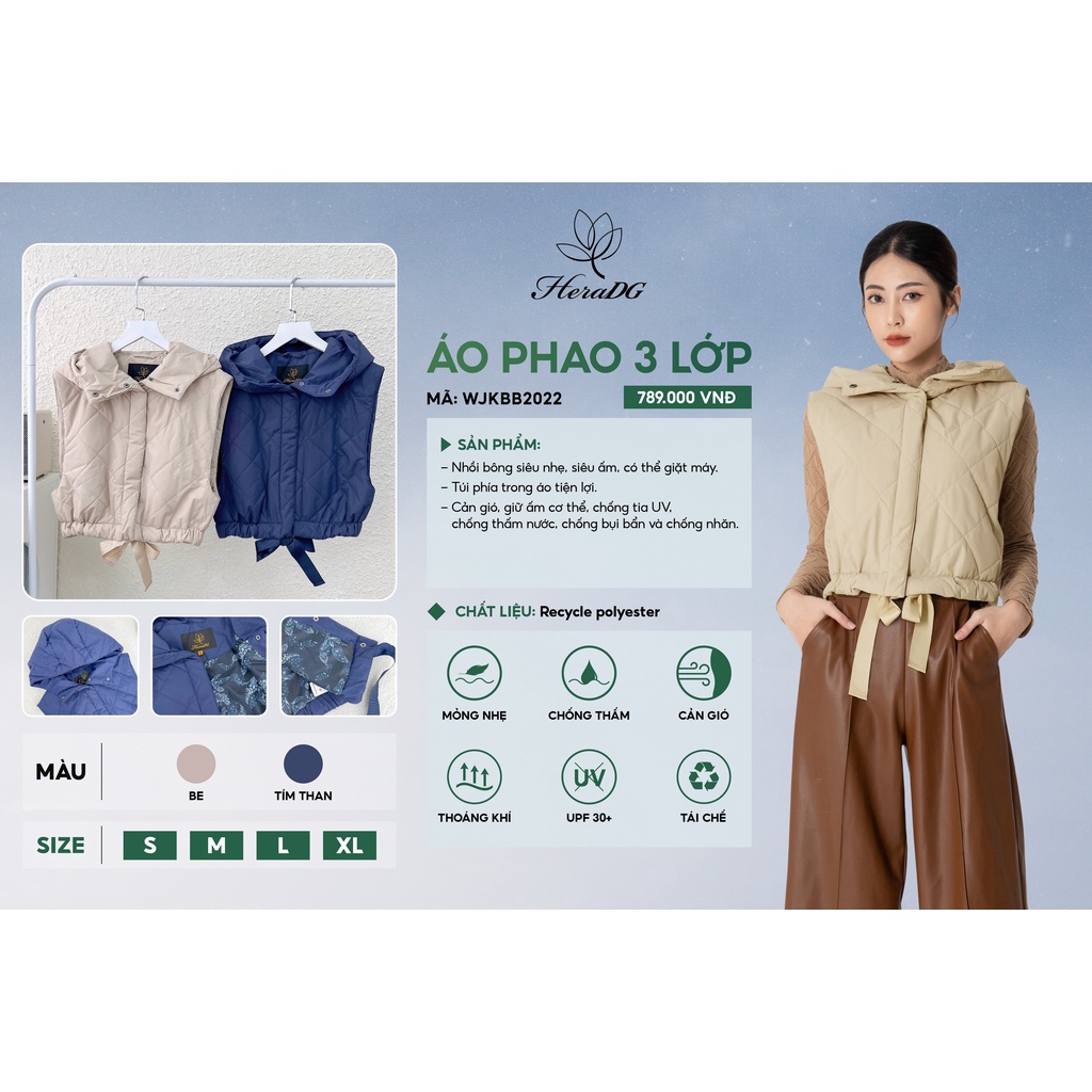 Áo phao gile nữ dáng ngắn HeraDG thiết kế crotop trần bông 3 lớp cao cấp siêu nhẹ chống gió chống bám bụi WJKBC3063