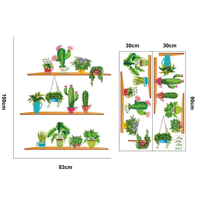 Decal dán tường phòng ngủ chậu xương rồng, tranh dán tường phòng khách