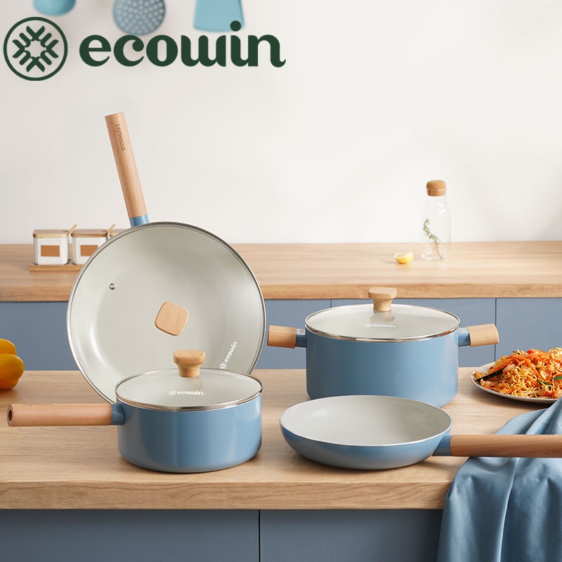 Set nồi chảo ECOWIN 3/4 món gồm chảo sâu lòng 30cm/ nồi 24cm/ chảo 24cm/ nồi quấy bột 16cm màu xanh da trời
