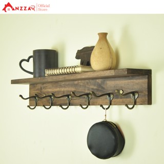 Kệ gỗ chữ L treo đồ lưu niệm, quần áo gắn tường trang trí nhiều kích thước màu nâu rustic, móc gỗ treo tường trang trí