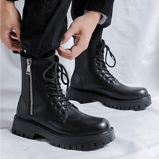 Giày Da Thật Combat boots Kiểu Dáng Đường Phố Kéo Khóa Đế Chunky Tăng Chiều Cao 5cm