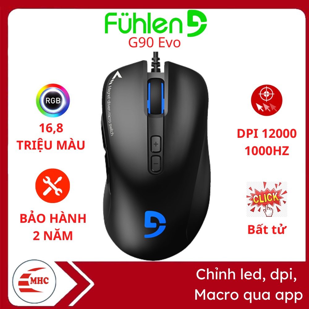 Chuột Gaming Fuhlen G90 Evo DPI 12000, Chuột chơi game có dây có app chỉnh Macro, LED và DPI