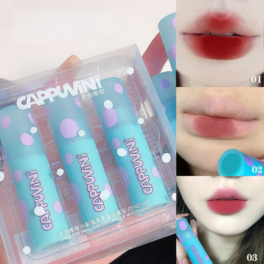 Set 3 Son Môi Cappuvini Chất Nhung Lì Chống Thấm Nước Thiết Kế Vỏ Màu Xanh Dương Độc Đáo