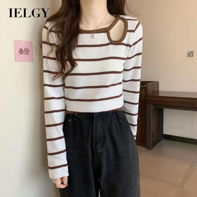 IELGYÁo sweater Dệt Kim Tay Dài Dáng Ôm Họa Tiết Kẻ Sọc Khoét Lỗ Thời Trang Cho Nữ