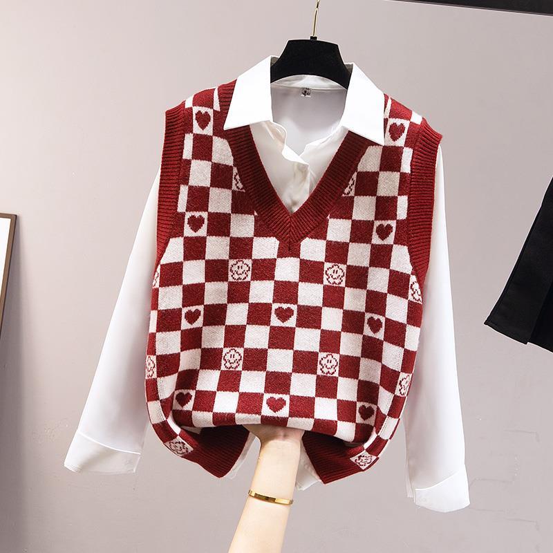 Guoguojia, Hàng Có Sẵn Giao Hàng Nhanh Áo Sweater Dệt Kim Không Tay Màu Đỏ Phong Cách Mới Bán Chạy Đơn Giản Hàng Trăm Tháp Cao Cấp