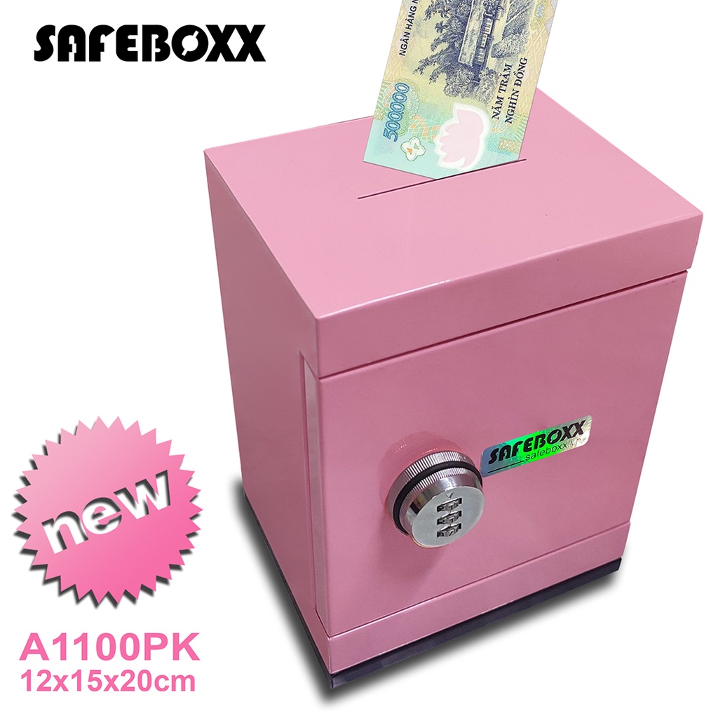 Két sắt mini. Tủ đựng tiền tiết kiệm, SAFEBOXX A1300 Size 12x15x20cm Màu Hồng Nhạt, Khóa Mã Bạc