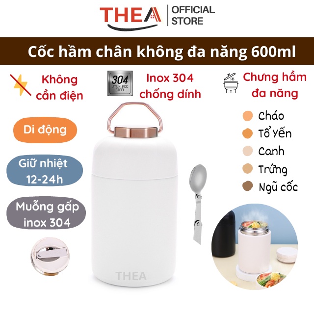 Cốc ủ hầm chân không đơn giản, bình ủ nóng inox 304 giữ nhiệt 12-24h, không dùng điện, kèm muỗng 600ml - THEA
