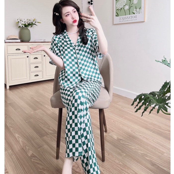Bộ Nữ Pijama SOJJUN Đồ Mặc Nhà Quần Dài Tay Ngắn Lụa Xước Tô Châu Cao Cấp 40-62kg