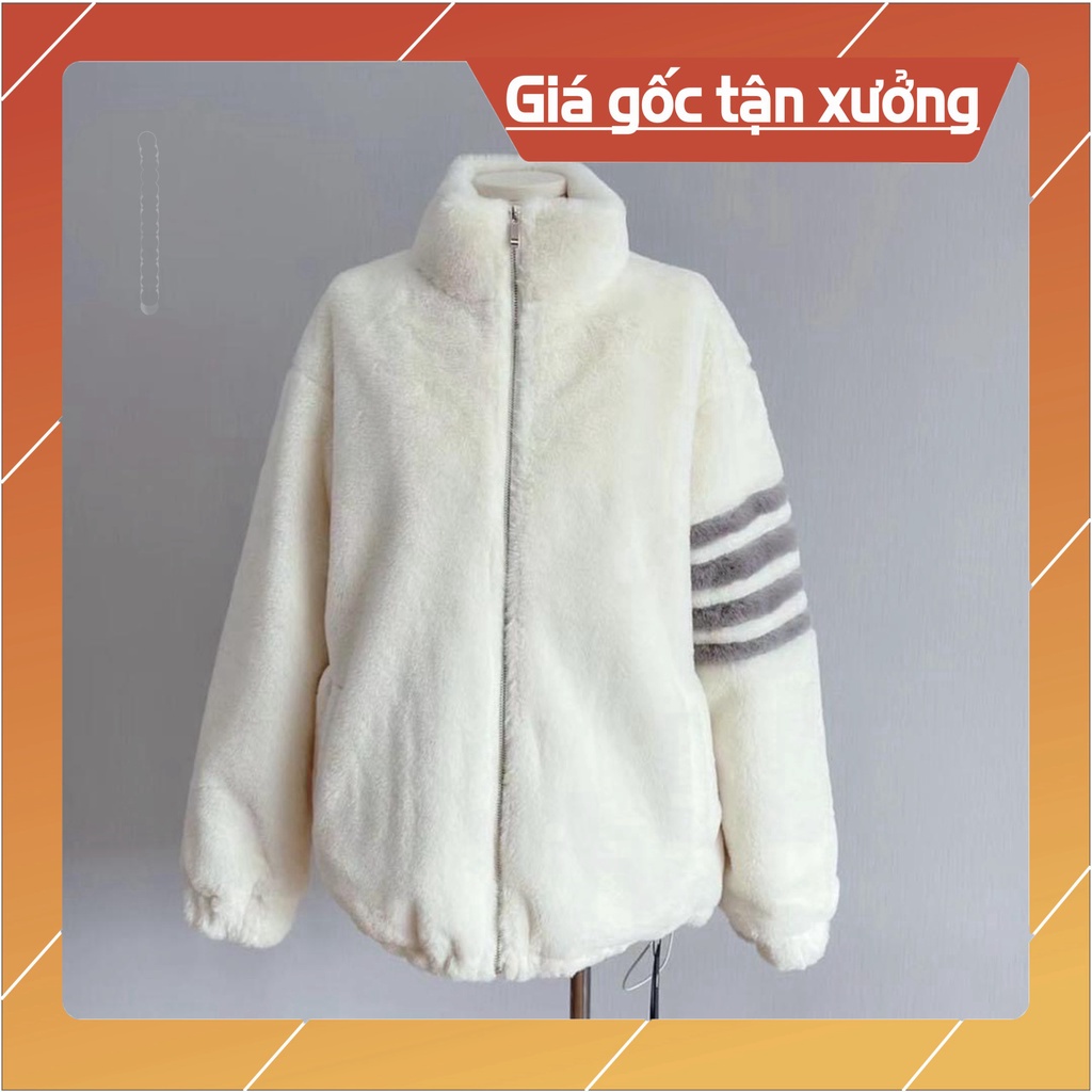 Hoa xôi Áo Khoác Lông Thome Mượt cứng cáp thời thượng - áo khóa ngoài Lông Cừu Phối 4 Sọc Tay Fom Dáng Unisex Nam Nữ 123