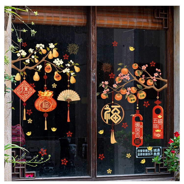 Decal Trang trí Tết 2024, decal dán kính hai mặt, decal có sẵn keo mặt sau trang trí năm mới - T113