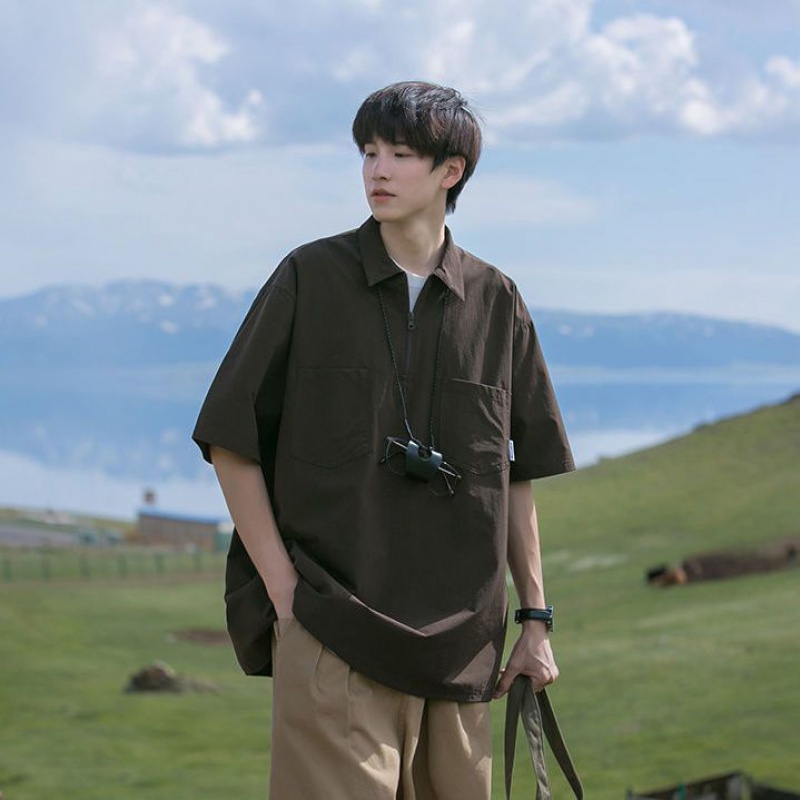 Áo Thun POLO Tay Ngắn Dáng Rộng Có Khóa Kéo Phong Cách Nhật Bản Thời Trang Mùa Hè Cho Nam