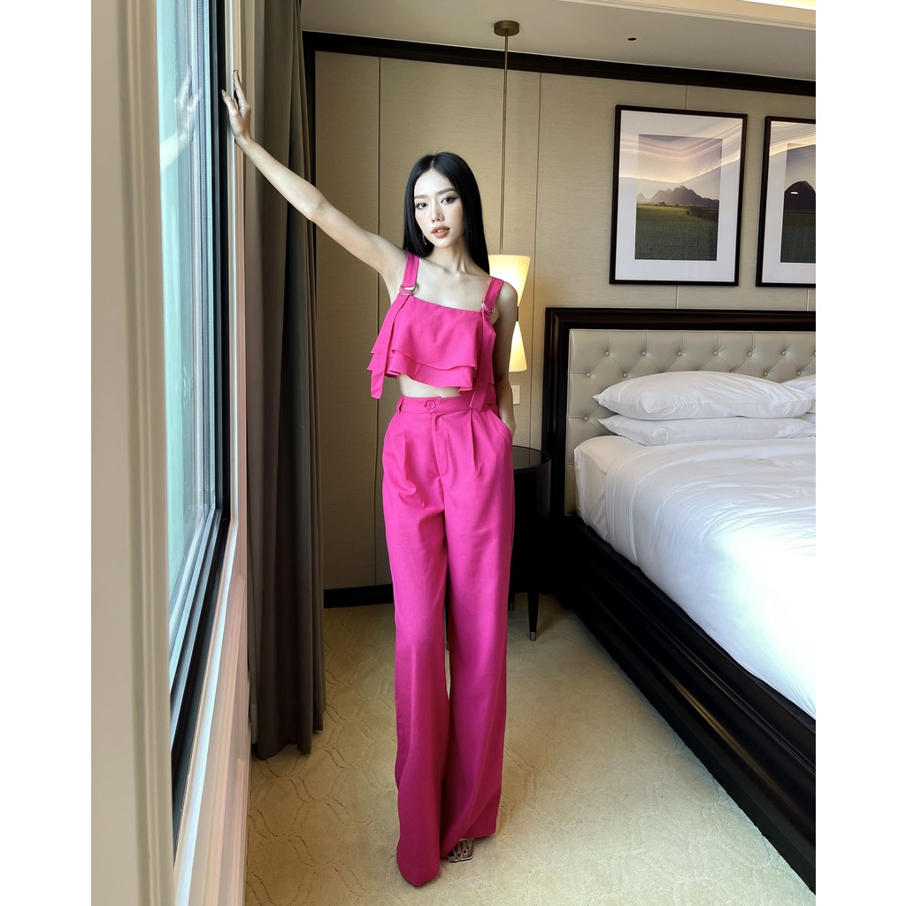 Set Áo Croptop Vạt Bèo + Quần Suông LSEOUL B1225 Chất Linen Thoáng Mát Nữ Tính Thanh Lịch