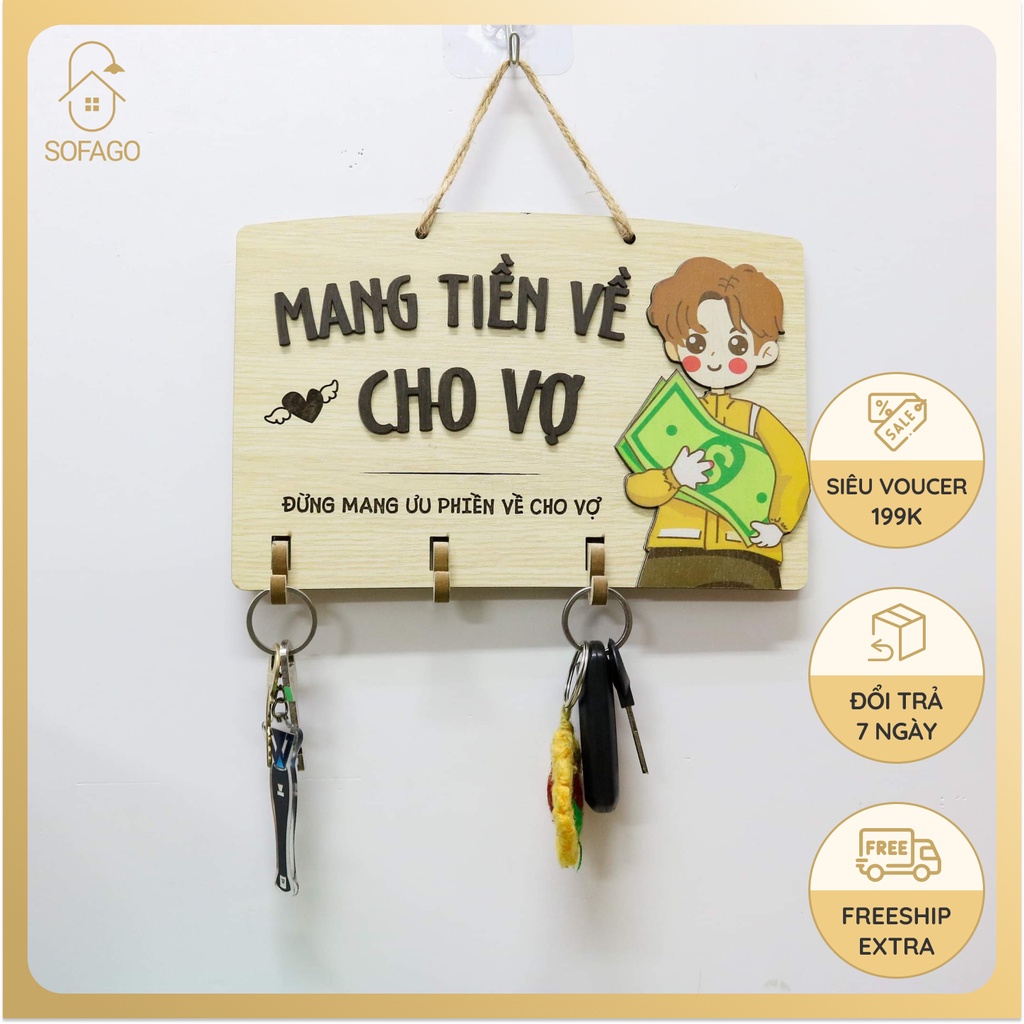 Bảng gỗ treo cửa có móc treo chìa khóa hình cậu bé, bảng treo phòng làm việc