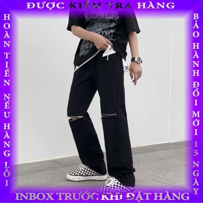 Quần Jean Nam Khoá Chân - Quần Bò nam rách gối khóa séc zip đen ống suông rộng Phong Cách Thời Trang Đường Phố hangtha