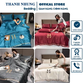 Bộ chăn ga gối 5 món bo chun Lụa Thái thêu chữ H Luxury Set 5 món cao cấp hàng nhập khẩu chăn trần hè