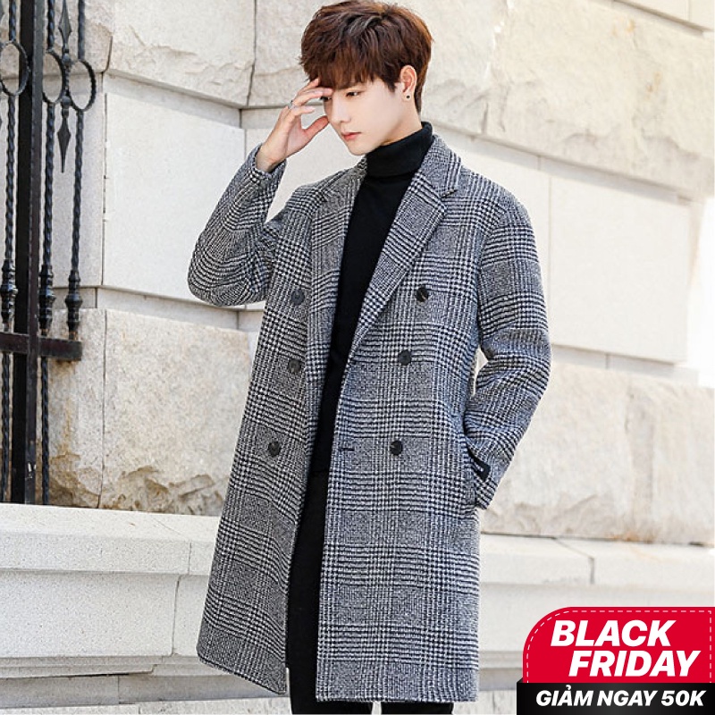 MT10 Mangto Dáng Dài Hàn Quốc, Áo Khoác Jacket Nam Mùa Đông Form Rộng, Kẻ Caro, 3 Cúc KOREA SUIT