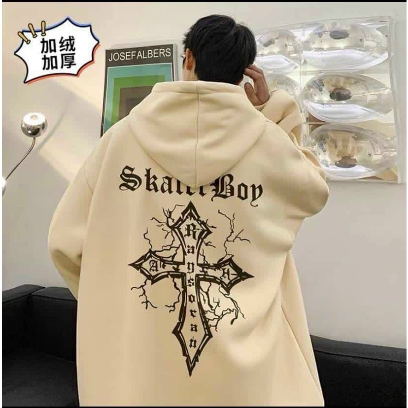 Áo hoodie unisex vải nỉ họa tiết SKATERBOY sau lưng in hình cây thập giá hai màu trắng kem hot hit chất nỉ ấm
