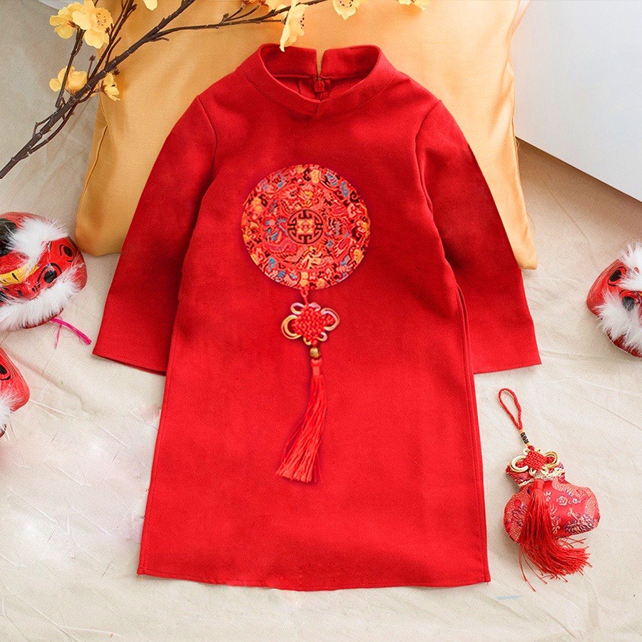 Áo dài cách tân hình tròn thêu 2 bên tay bé trai từ 9 - 37 kg xẻ tà, áo dài tết cho bé họa tiết cách điệu 2 màu đỏ, vàng