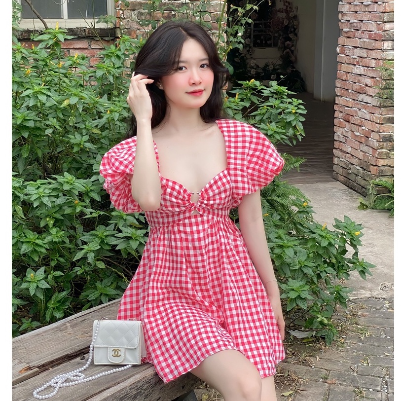 Đầm xoè babydoll SheByShj ca rô đỏ tay phồng hở lưng - Red Hazel Dress