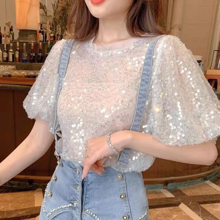 Áo Thun Tay Ngắn Phối Lưới Đính Kim Sa Thoải Mái Phong Cách Hàn Quốc 2021 chic T 2021 T 12.6