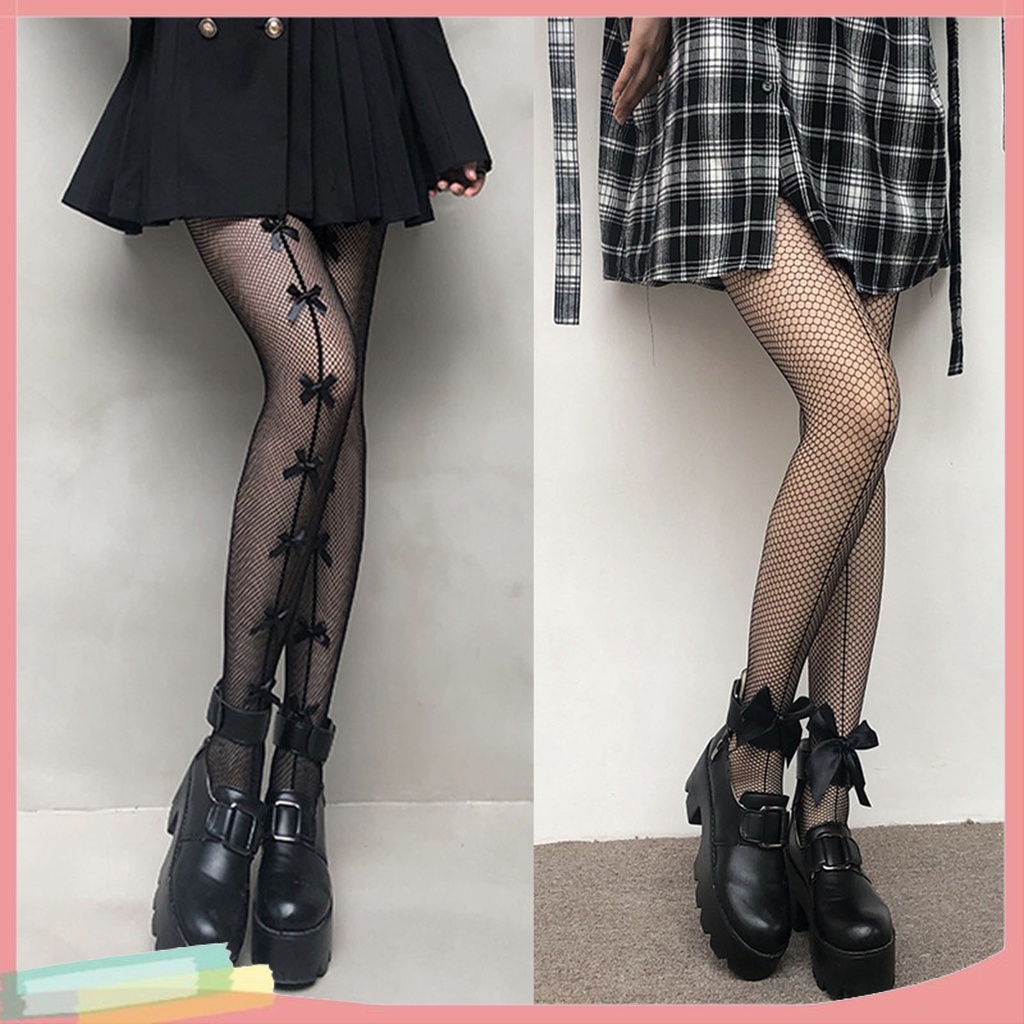 Quần Tất Lưới Màu Đen Đính Nơ Phong Cách Nhật Bản Cho Nữ