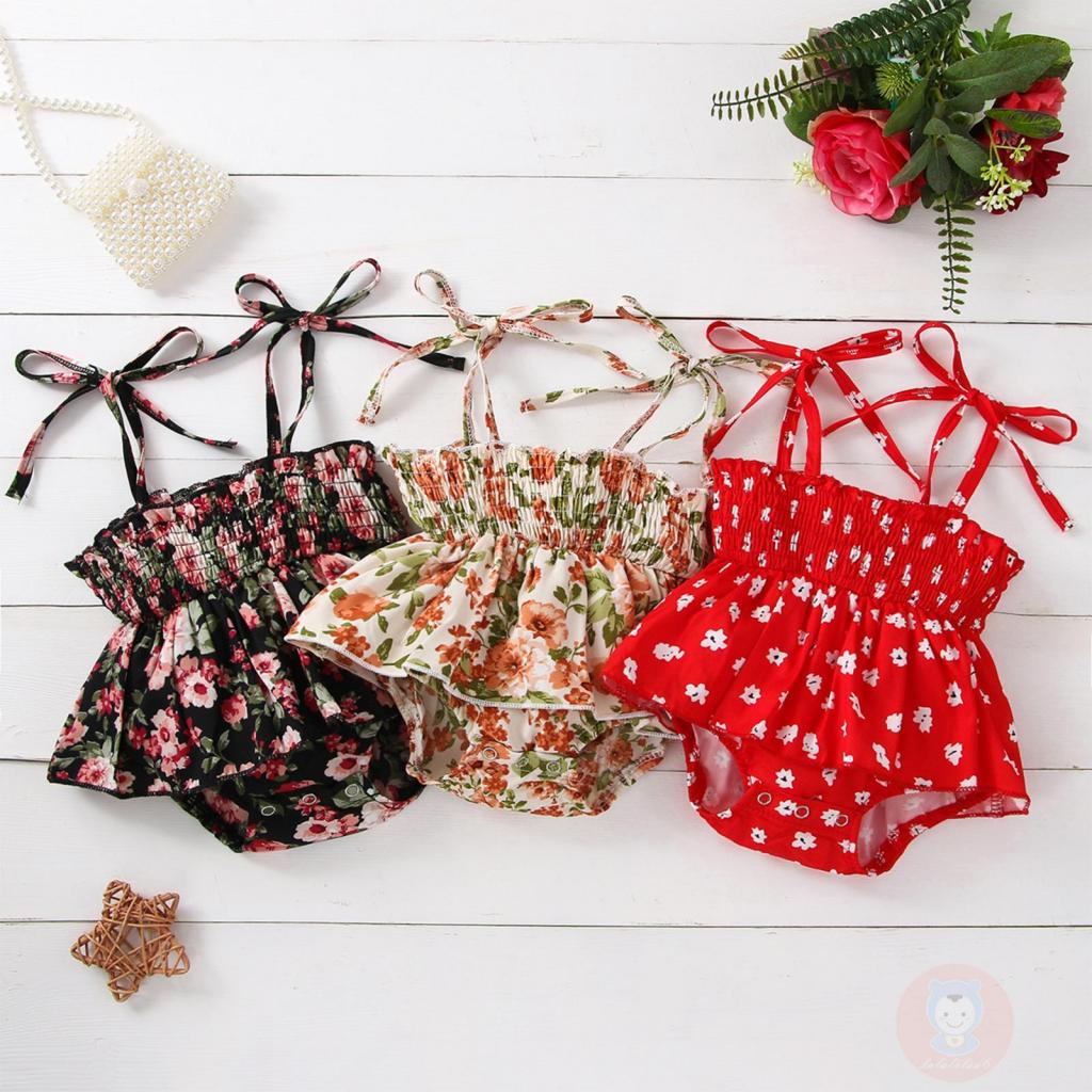 Bộ Áo Liền Quần Tam Giác Không Tay In Hoa Xinh Xắn Cho Bé Gái