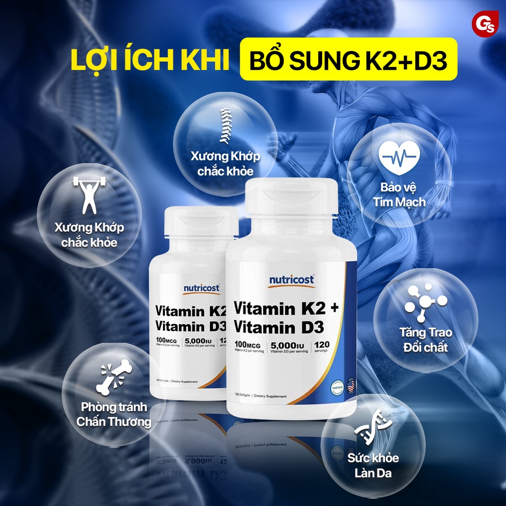 Viên uống Nutricost Vitamin K2 + D3  nhập khẩu Mỹ - Gymstore