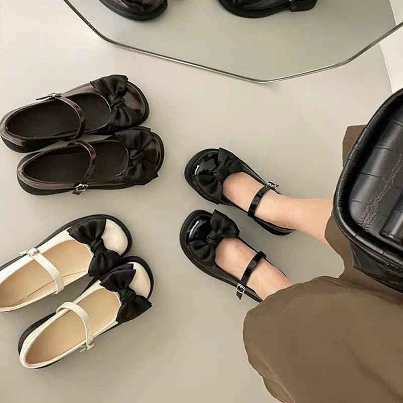 Giày búp bê nữ đính NƠ vải đế bệt, chất da mềm, giày lolita phong cách cổ điển