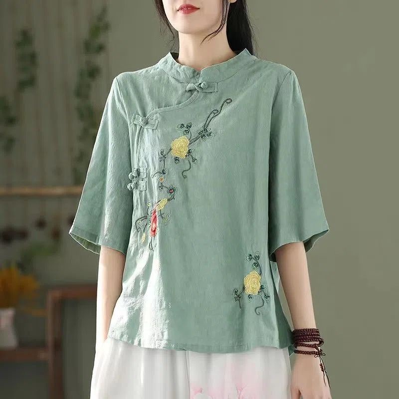 Áo Sơ Mi Vải Lanh Cotton Dáng Rộng Thêu Họa Tiết Kiểu Trung Hoa Cổ Điển Plus Size Cho Nữ