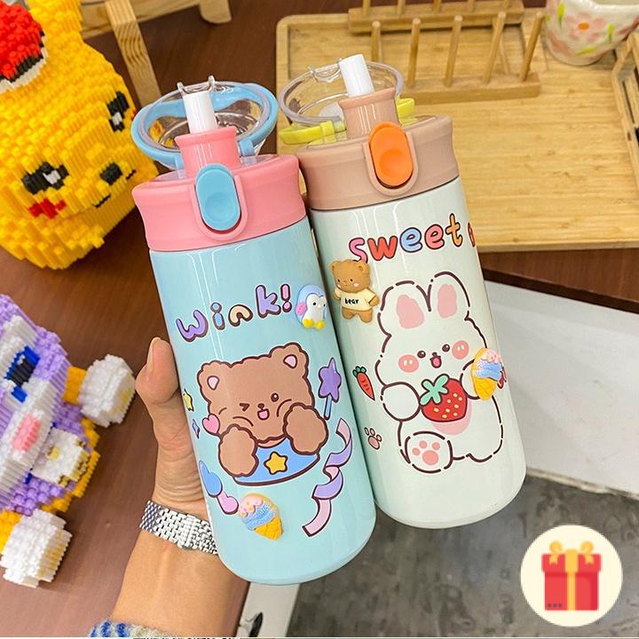Bình giữ nhiệt inox 500ml kèm ống hút cho bé uống nước an toàn nhiều màu có hộp, quà tặng sinh nhật cho trẻ em