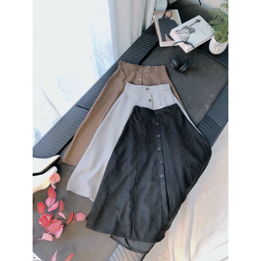 CHÂN VÁY NHUNG PHONG CÁCH HÀN QUỐC CHỮ A SIÊU HOT PHỐI NÚT THỜI TRANG 3 SIZE 42-58KG TÙY CHIỀU CAO