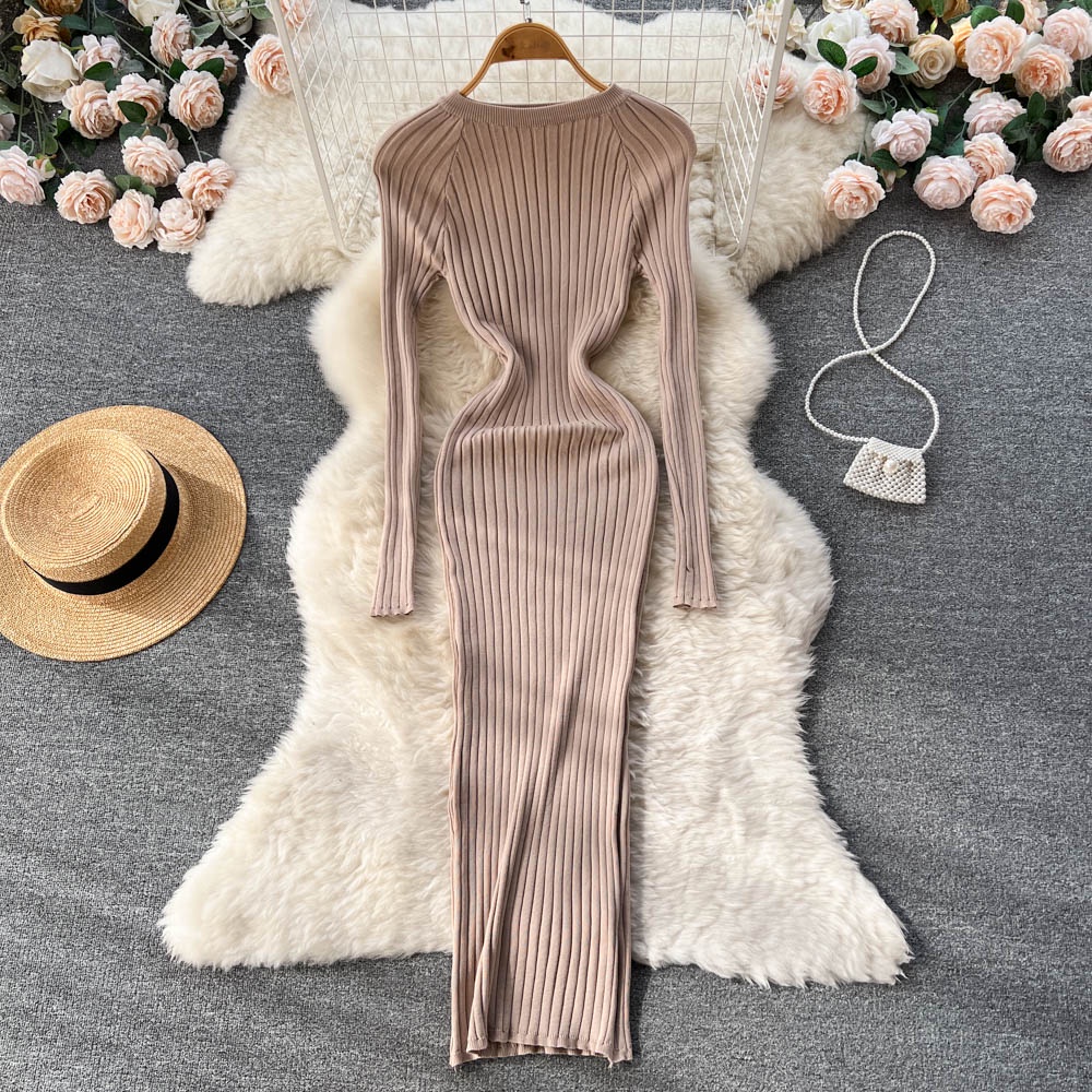 Đầm len ôm body nữ cổ tròn dài tay