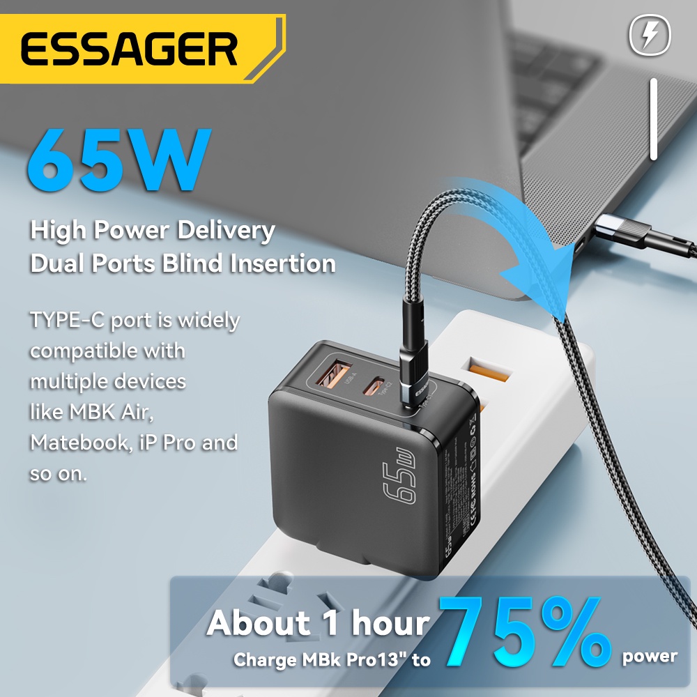 Bộ sạc nhanh ESSAGER 65W Type-C + USB A thích hợp cho máy tính bảng / laptop PD 65W /