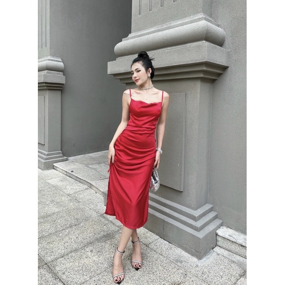 Đầm 2 dây phi đỏ rút xẻ đùi đan lưng đổ ngực Váy đi chơi dạo phố dự tiệc sang trọng quý phái tôn dáng hotgirl tk party