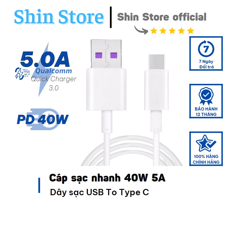 Dây cáp sạc nhanh 40W 5A Type C 0.25m/1m/1,5m/2m siêu bền cho Xiaomi/Samsung/Huawei/Oppo/Vivo - SHINSTORE