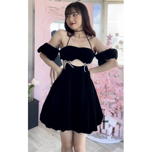 ĐẦM NƠ NGỌC đính đá lấp lánh chất nhung đen dáng bí xòe