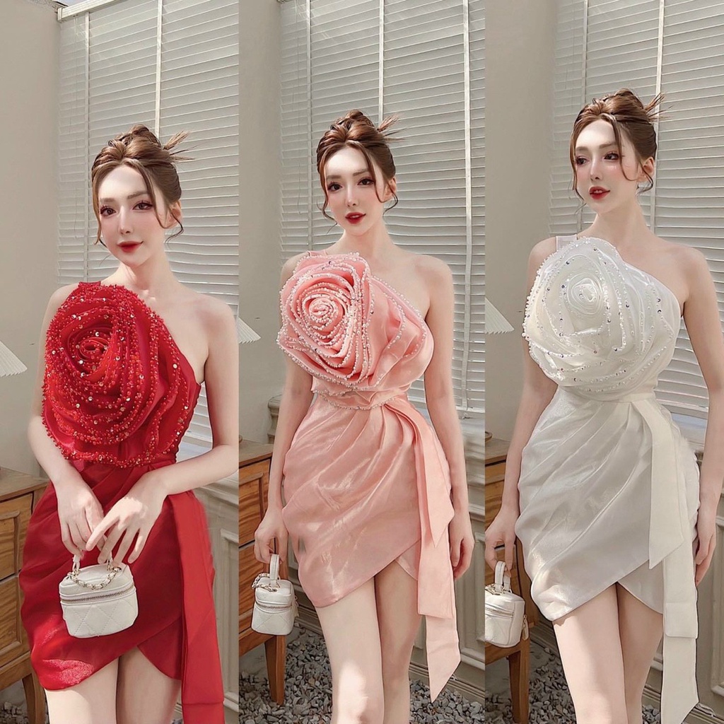 Đầm váy xòe dư tiệc voan tơ ánh kim xoắn hoa hồng kết pha lê