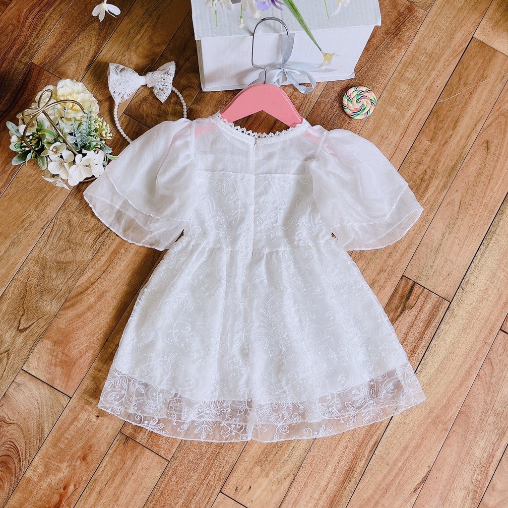 Váy Công Chúa Trắng Kèm Bờm Ngọc Cho Bé Gái WOWKIDS Chất Ren Cao Cấp Phối Von Tơ Từ 9 - 30kg