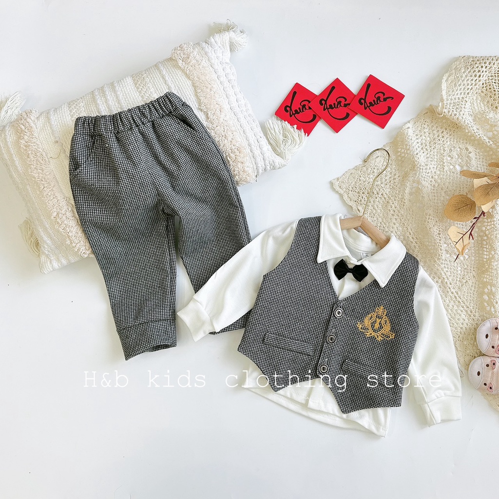 Bộ gile 3 chi tiết kèm nơ cho bé trai từ 7-18kg diện Lễ, Tết- Bộ gile bé trai- Bộ gile bé trai 8-18kg Kidbabyonline K169