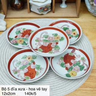 Bộ 5 đĩa xưa hoạ tiết vẽ tay - gốm sứ nhật bản